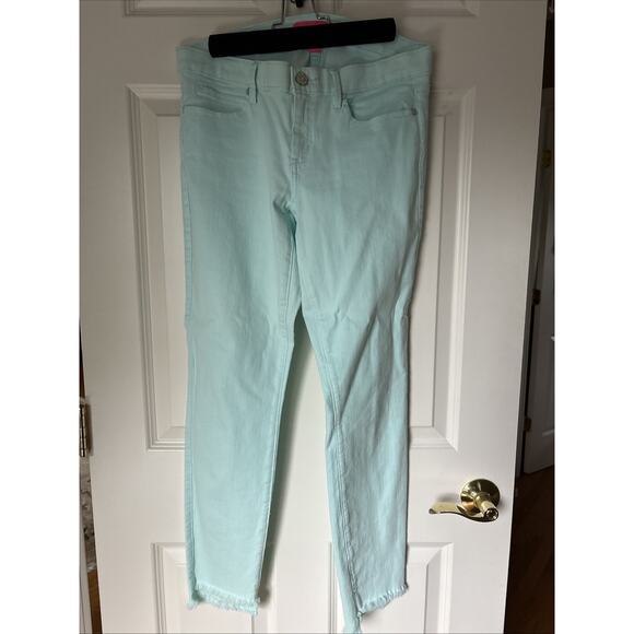 Lilly Pulitzer South Ocean High-Rise Skinny Jeans aqua blue sz 8 raw hem LOGO - Picture 1 of 12